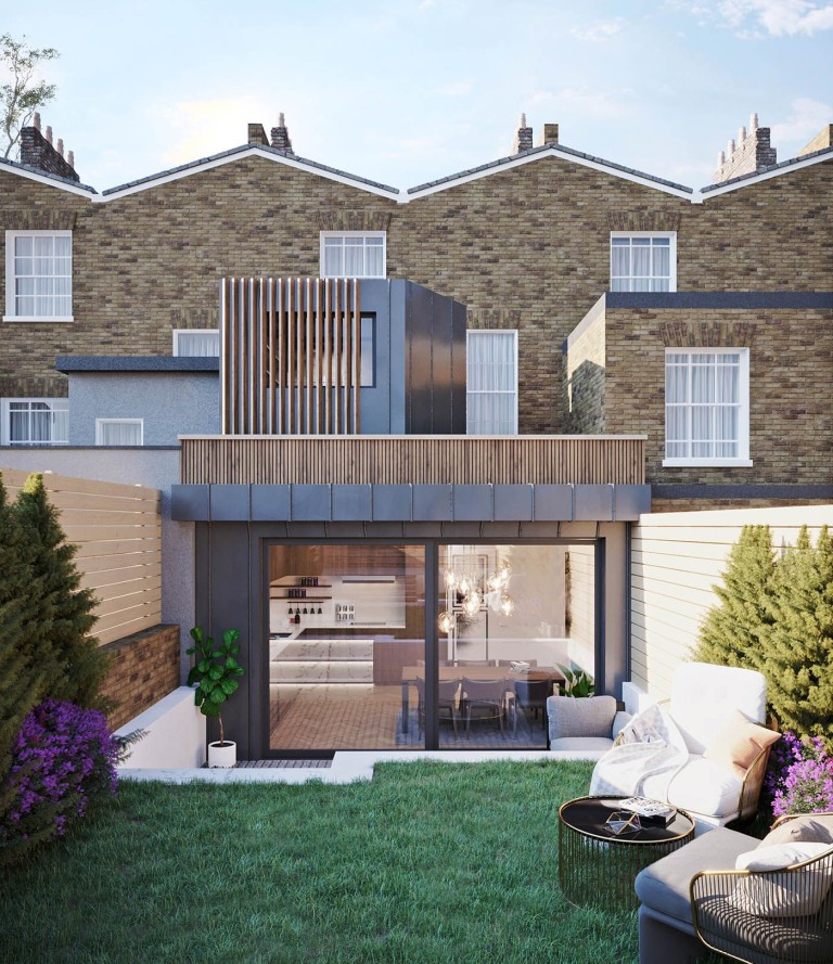 Modern first-floor extension in a Greenwich conservation area, featuring zinc cladding, timber slats, and a green roof. This elegant design by Urbanist Architecture seamlessly integrates with the Victorian house, adding a stylish and functional space while preserving the historic character.