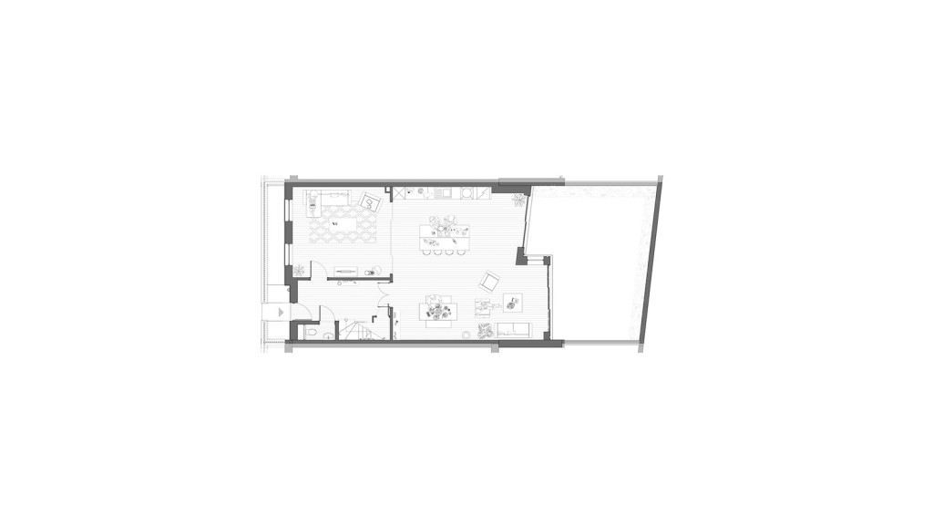 Proposed architectural floor plan for a ground floor extension in a conservation area in Greenwich, detailing a redesigned layout that maximises space and light. The plan illustrates a modern, open-concept living and dining area that seamlessly integrates with the existing structure, enhancing functionality while respecting the historical character of the property. This image is essential for visualising the transformation from the existing layout to the proposed extension, offering a clear comparison of the spatial improvements and the thoughtful design approach employed to adhere to conservation guidelines.