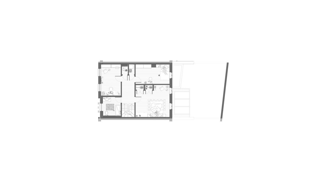 Proposed first-floor layout plan for a residential property within a conservation area in Greenwich. This architectural drawing showcases the planned modifications, including reconfigured room layouts, enhanced spatial flow, and updated design elements to maximise the use of space while adhering to conservation guidelines. The design aims to create a more functional and aesthetically pleasing living environment, blending modern amenities with the historical character of the building.