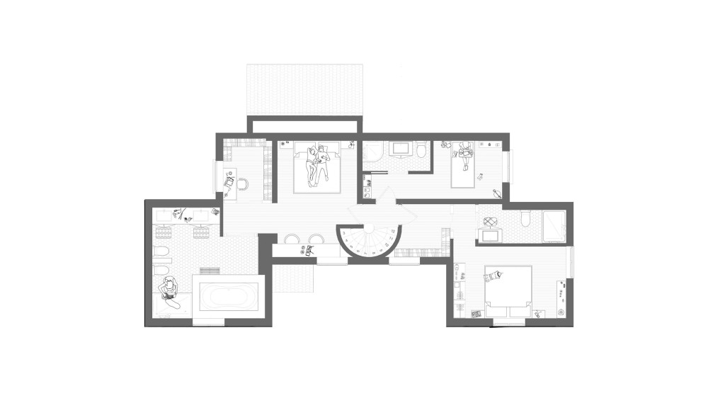 Black and white architectural plan of a proposed first-floor home extension, displaying a detailed layout with furnished rooms, including bedrooms, bathrooms, and a central circular staircase, designed with clear annotations and measurements for a residential development project.