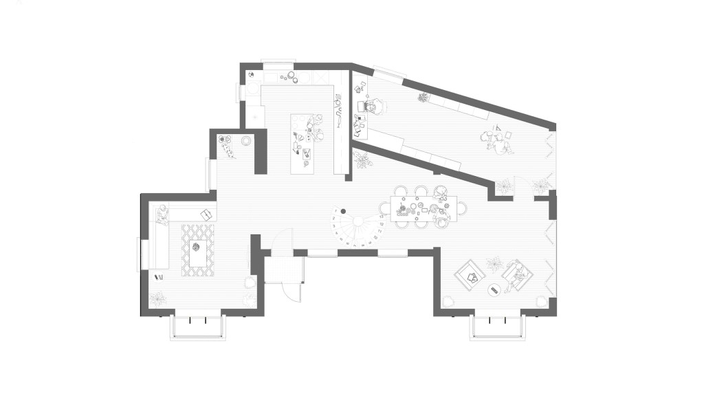 Detailed architectural drawing of a proposed ground floor house extension, showcasing a comprehensive layout with labeled living spaces, including a kitchen, dining area, and living room, complete with furniture outlines, room dimensions, and interior design elements, all rendered in a grayscale palette for clarity and professional presentation.