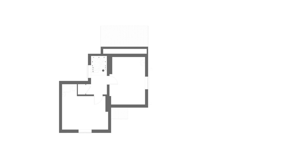 Architectural blueprint of an existing first-floor layout for a house extension, depicting a clean and minimal design with room outlines, door positions, and window placements, all rendered in a faded grayscale scheme to emphasise the potential for renovation or remodeling.