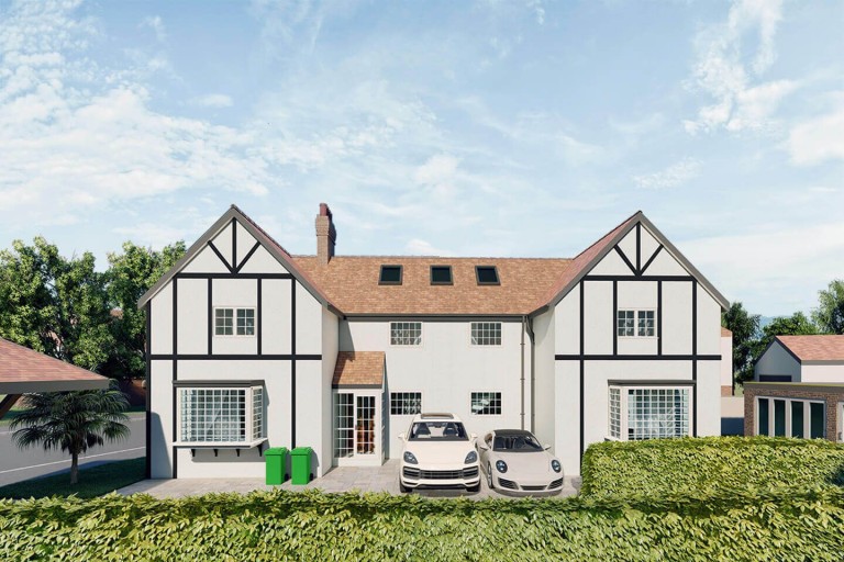 3D architectural visualisation of a Tudor-style house with white facades and black timber frame, featuring a driveway with two cars, suggesting a blend of classic design with modern living.