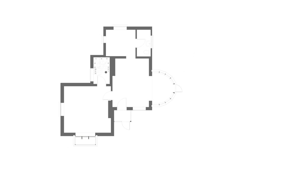 Architectural floor plan of an existing ground-level house, featuring a detailed layout with labeled rooms, furniture placement, and clear indications of doors, windows, and staircases, presented in a high-contrast monochrome design for easy readability and professional use.