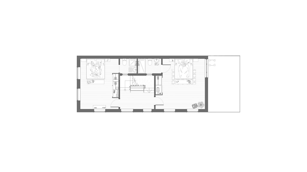 Proposed second-floor plan of a property with a mansard roof extension in a conservation area, featuring two spacious bedrooms, en-suite bathrooms, and modern layout enhancements