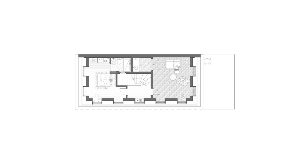 Proposed third-floor plan of a property with a mansard roof extension in a conservation area, featuring a master bedroom, en-suite bathroom, and a spacious living area