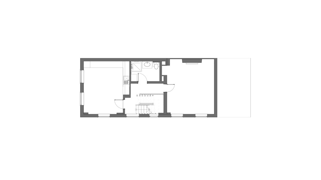 Existing first-floor plan of a property undergoing a mansard roof extension in a conservation area, showing current room divisions and layout