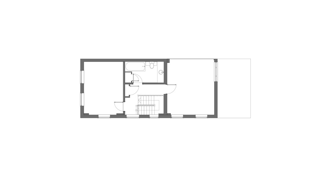 Existing second-floor plan of a property undergoing a mansard roof extension in a conservation area, showing current room layout and structural elements.