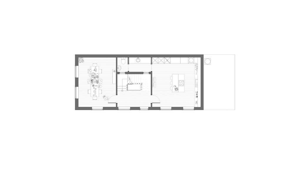 Proposed first-floor plan of a property with a mansard roof extension in a conservation area, featuring an open-plan kitchen and dining space with modern upgrades