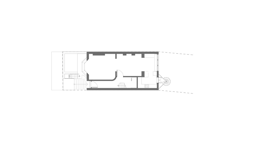 Monochromatic floor plan of an existing ground floor in a conservation project, highlighting architectural details, room layouts, and furniture placement with clear annotations for design clarity.