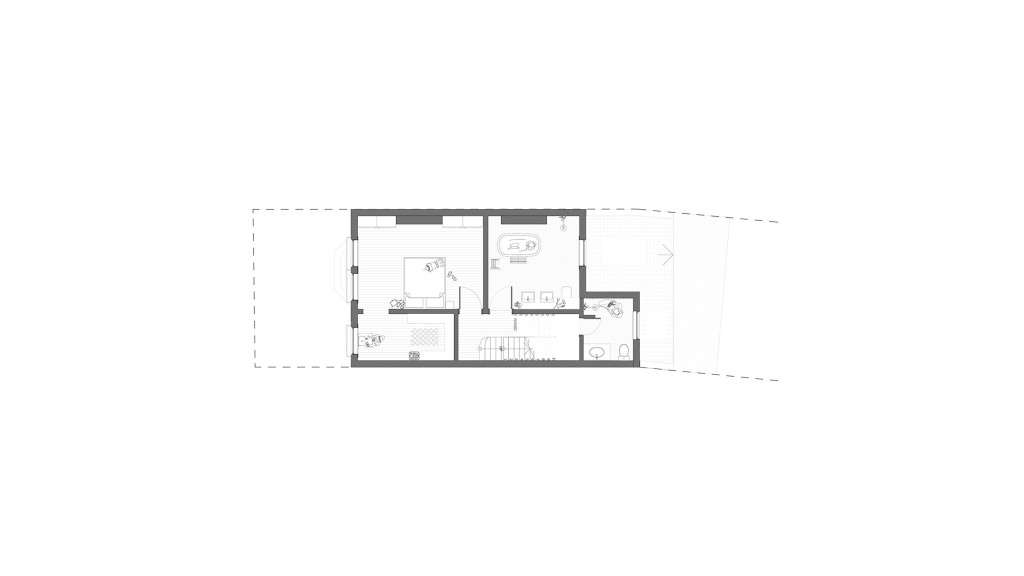 Schematic floor plan of a proposed first-floor extension with detailed furniture layout, room dimensions, and interior design elements, presented in a crisp, clear architectural drawing.