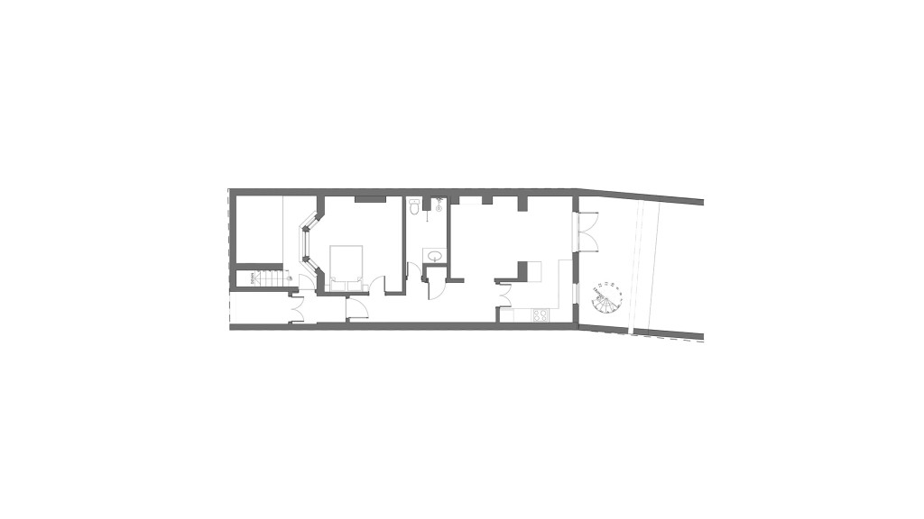 Architectural plan of an existing lower ground floor for a conservation project featuring detailed layout of rooms, staircase placement, and furniture arrangement, in a clean monochrome design.