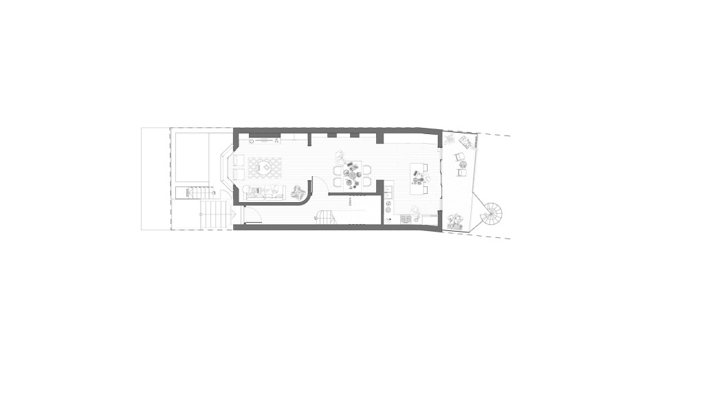 Architectural drawing of a proposed ground floor design, showcasing a detailed layout with furniture arrangements, interior design elements, and room configurations for a rear house extension project.