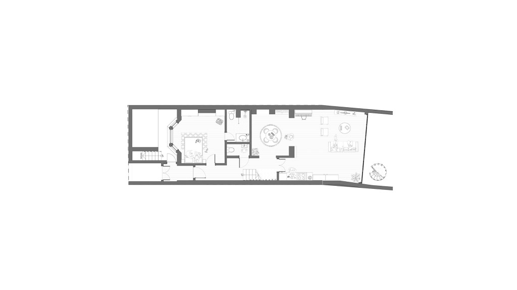 Detailed architectural blueprint of a proposed lower ground floor plan featuring a modern layout, furniture placement, and room designations, with annotations for a conservation project.