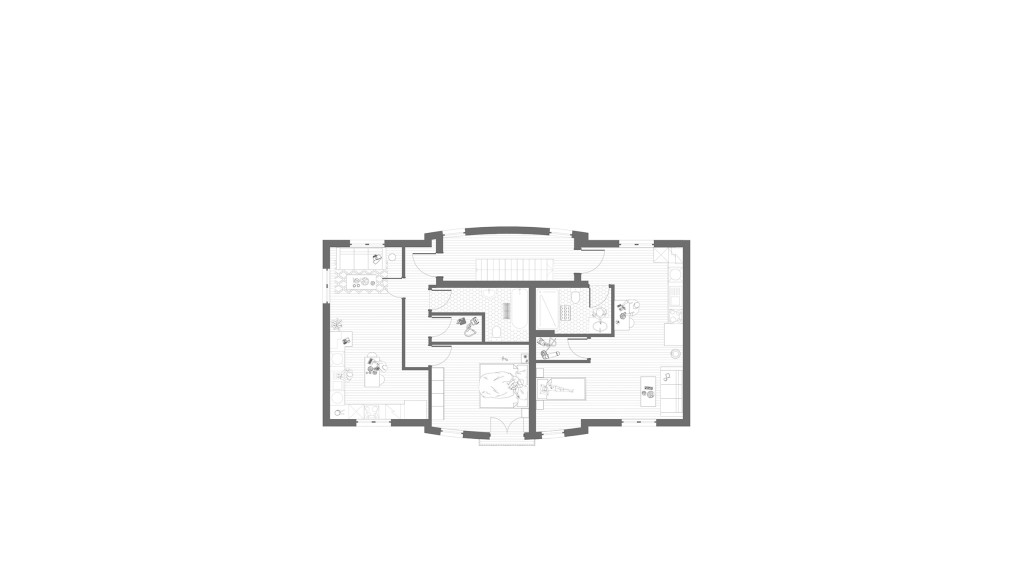 Architectural floor plan of the proposed fourth storey addition, part of an upward extension adding four new flats. The layout illustrates living spaces, kitchens, bathrooms, and furnishings, optimising functionality in the newly designed apartments.