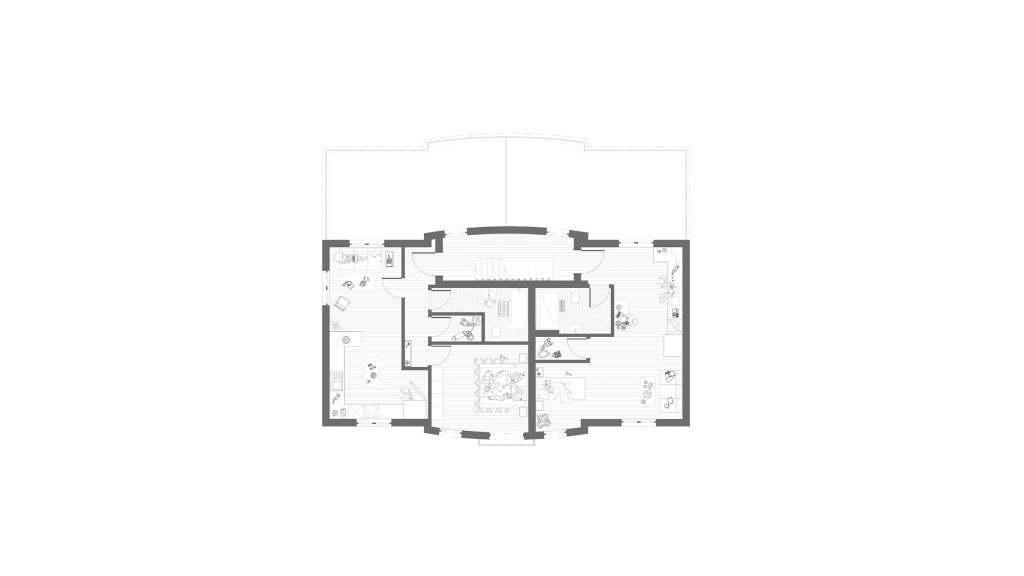 Detailed architectural floor plan of the proposed third storey addition, part of an upward extension adding four new flats. The layout includes room furnishings, kitchen and bathroom placements, and optimized living spaces for future residents.