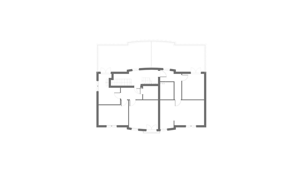 Architectural floor plan of the proposed second storey addition, part of an upward extension adding four new flats. The layout showcases room divisions, door placements, and access points within the newly designed space.