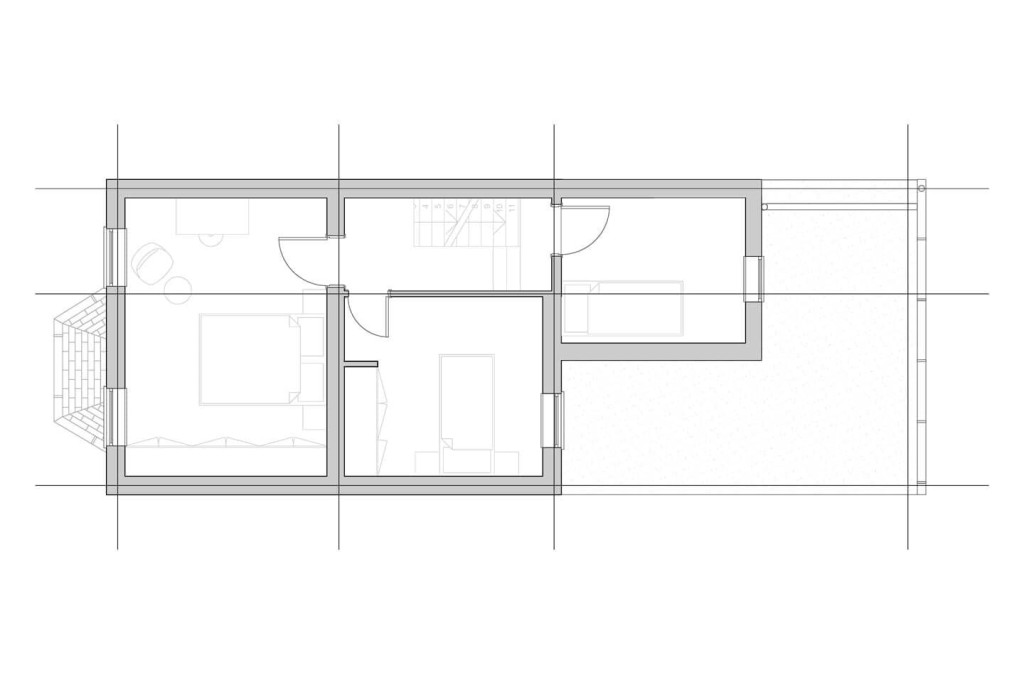 Existing layout drawings of the first floor of a Victorian house comprising of a master bedroom at the front of the property and two small bedrooms overlooking the rear of the property
