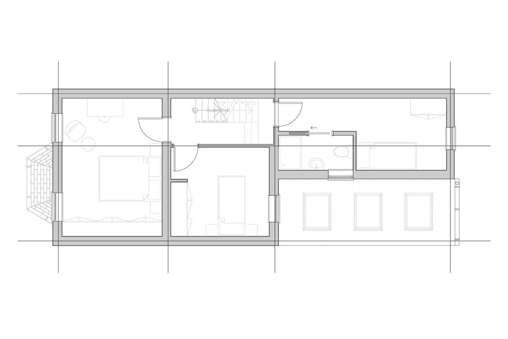 Proposed architectural layout of the first floor to now include a rear extension and accomodate for a larger room with an en-suite bathroom as well as demarking the skylights that will be placed on the ground floor extension where the kitchen and dining room will be