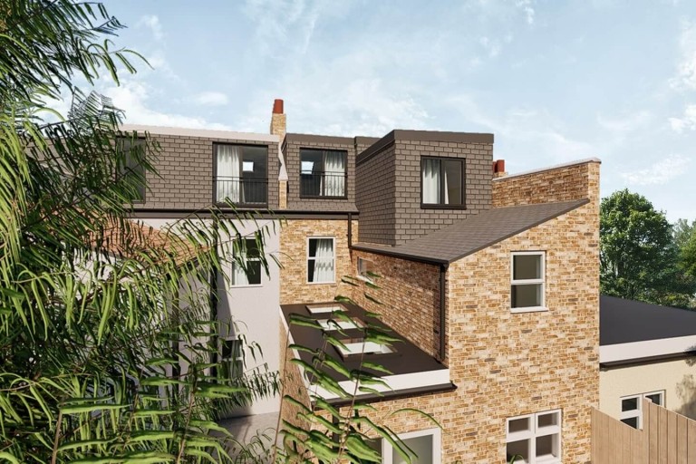 Aerial view of the proposing property's modern extension and it's adjacent neighbour and their developed extension