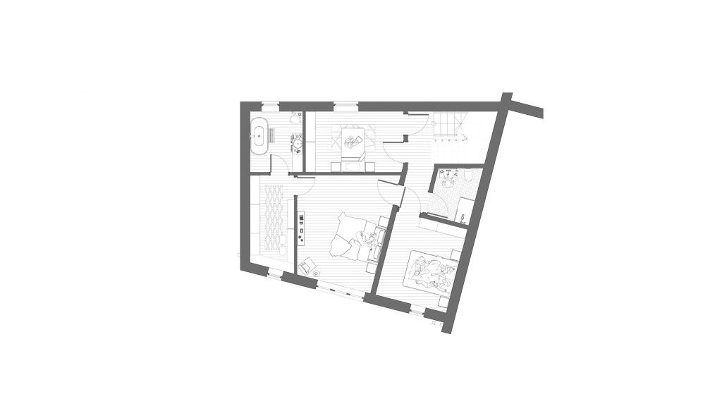 Proposed first floor plan of the Henrietta Gardens N21 home by Urbanist Architecture, illustrating the redesigned layout with bedrooms, ensuite bathroom, and circulation improvements as part of the approved second-floor roof extension project in the London Borough of Enfield conservation area.