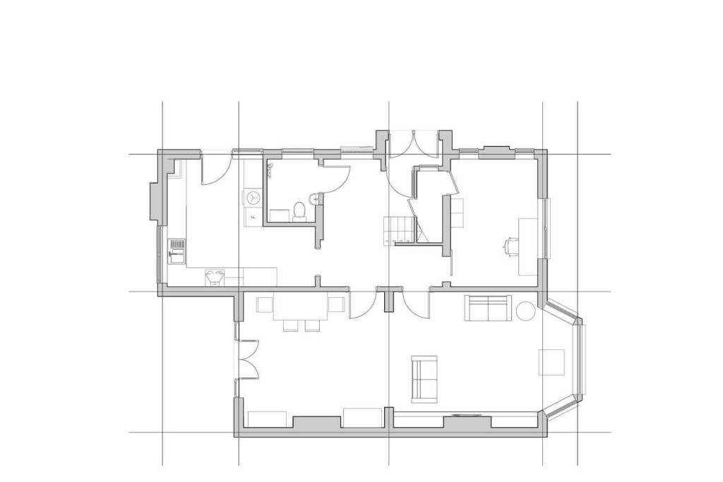 Existing ground floor plan of a semi-detached house on Anson Road NW2, designed by Urbanist Architecture. The layout includes a spacious living room, a dining area, and a kitchen. The ground floor also features a bathroom and an additional room that could serve as a utility or storage space. The plan illustrates the original configuration before the infill extensions and loft conversion were implemented.