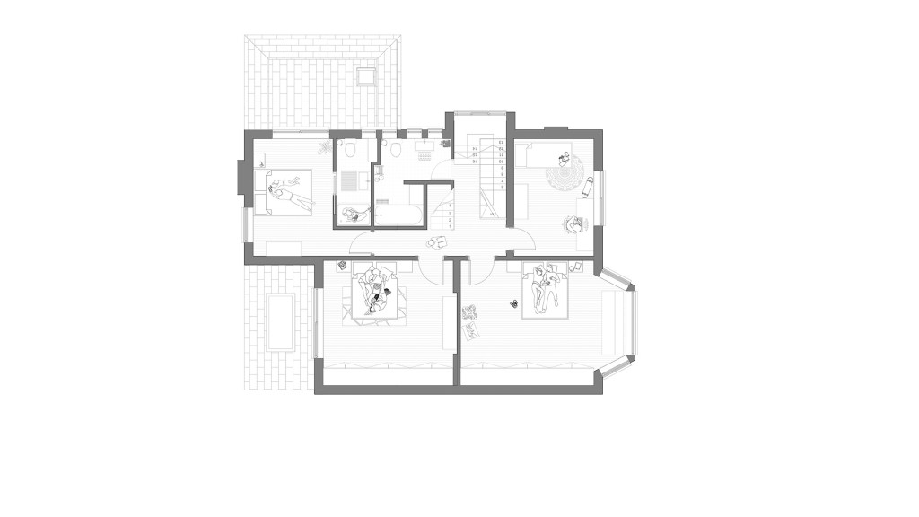 Proposed first floor plan of a semi-detached house on Anson Road NW2, designed by Urbanist Architecture. The layout features an enhanced arrangement with three bedrooms, a redesigned shared bathroom, and additional storage spaces. The plan includes a new en-suite bathroom for the master bedroom, optimising comfort and functionality. This design maximises space utilisation, providing a more efficient and modern living area for a growing family.