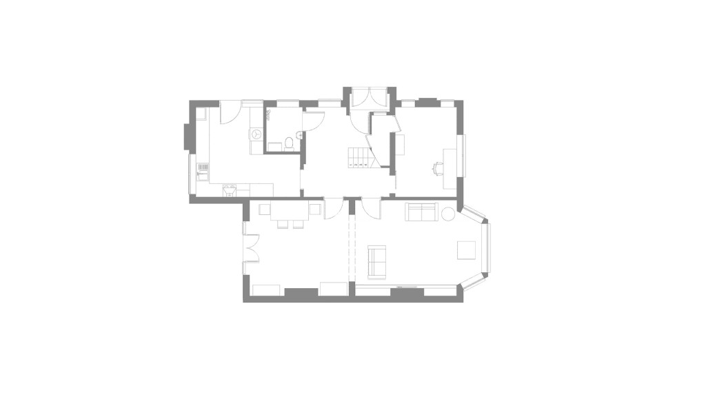 Existing ground floor plan of a semi-detached house on Anson Road NW2, designed by Urbanist Architecture. The layout includes a spacious living room, a dining area, and a kitchen. The ground floor also features a bathroom and an additional room that could serve as a utility or storage space. The plan illustrates the original configuration before the infill extensions and loft conversion were implemented.