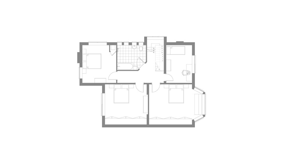 Existing first floor plan of a semi-detached house on Anson Road NW2, designed by Urbanist Architecture. The layout includes three bedrooms, a shared bathroom, and a staircase leading to the ground floor. The design highlights the arrangement of private living spaces, optimising the available area for a growing family.