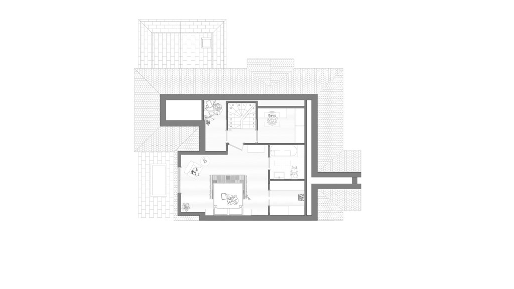 Proposed loft floor plan of a semi-detached house on Anson Road NW2, designed by Urbanist Architecture. The layout features a spacious master bedroom, a modern en-suite bathroom, a functional study area, and optimised storage solutions. The design includes the extension of the original staircase to provide seamless access to the new floor. This plan maximises space usage while enhancing comfort and privacy, perfect for family living.