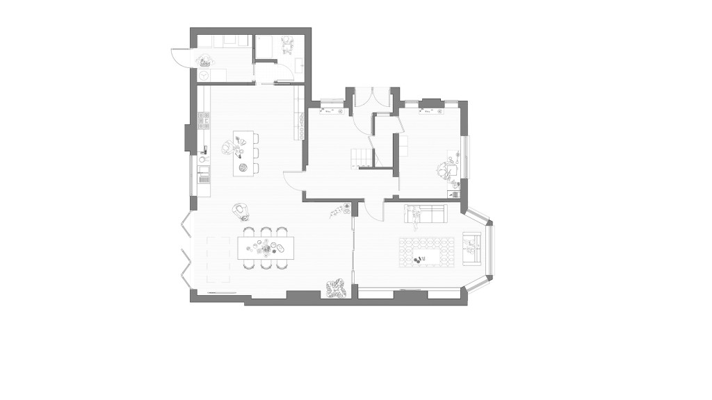 Proposed ground floor plan of a semi-detached house on Anson Road NW2, redesigned by Urbanist Architecture. The new layout features a spacious open-plan kitchen, dining, and living area, enhancing natural light and creating a modern, functional space for the family. A utility room with garden access and a reconfigured bathroom are also included. The plan highlights the strategic infill extensions that expand the living space.