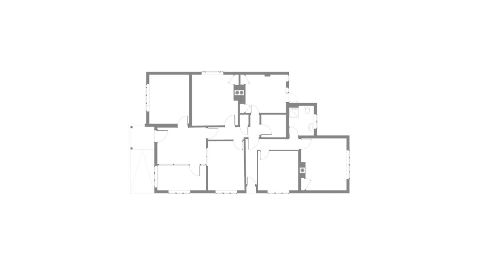 Existing ground floor plan of a veterinary clinic at Pickford Lane, Bexley, designed by Urbanist Architecture. The layout illustrates the initial structure before the proposed extension. The plan includes multiple rooms and corridors, depicting the spatial organisation of the existing building. This blueprint serves as a basis for the transformative design aimed at creating a state-of-the-art veterinary facility while retaining the building's residential appearance to comply with local council requirements. Ideal for understanding the starting point of this suburban clinic's renovation project.