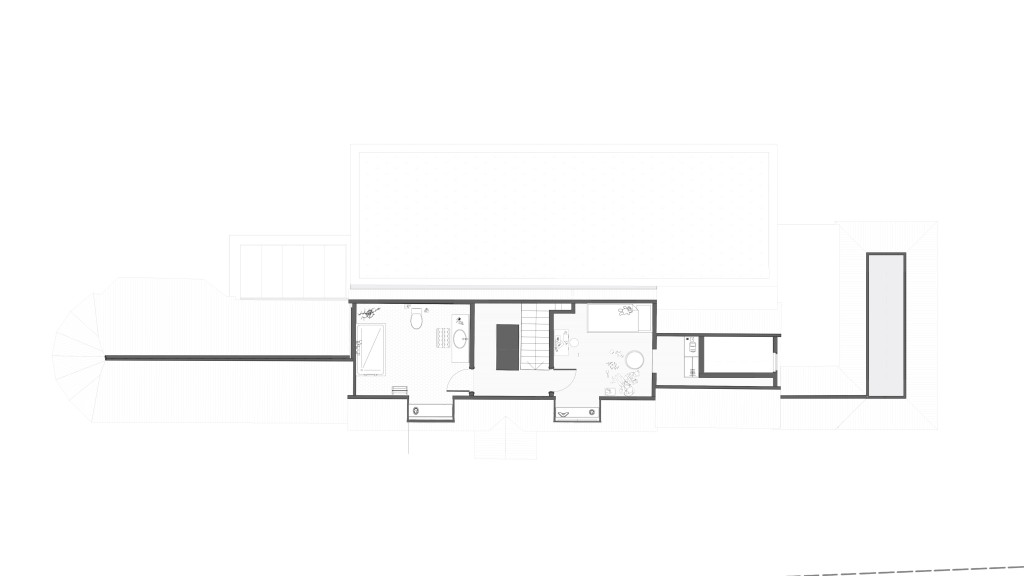 Proposed first-floor architectural blueprint for a Grade II listed cottage showing bedroom layouts, bathroom design, and window placements, optimised for a green belt renovation initiative.