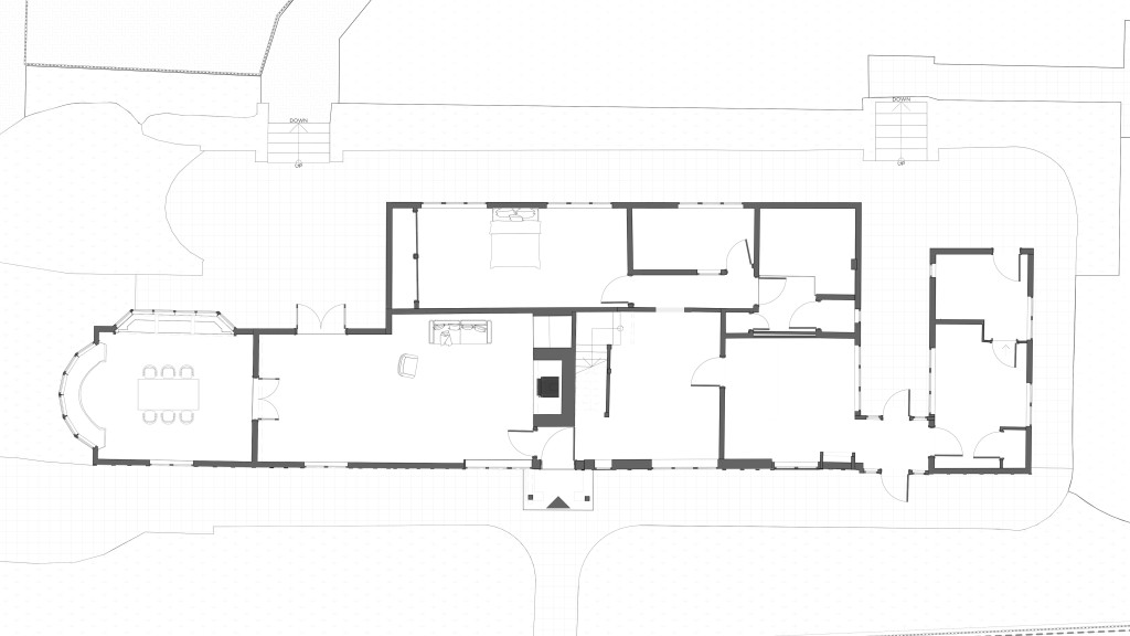 Architectural floor plan of the existing ground floor of a Grade II listed cottage, detailing room layouts, furniture placement, and structural elements, designed for renovation in a green belt area.