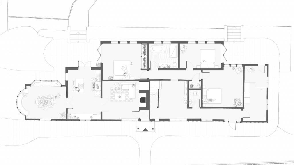 Detailed architectural plan for the proposed ground floor renovation of a Grade II listed cottage, highlighting new layout designs for living spaces, kitchen, bathroom, and bedrooms in the green belt.