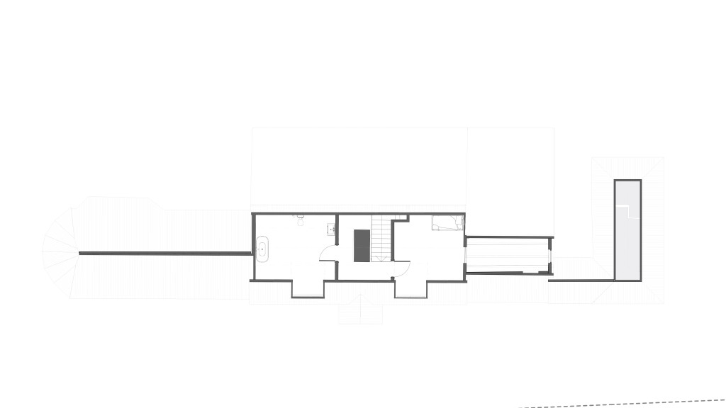 Schematic representation of the existing first-floor plan of a Grade II listed cottage, featuring detailed room divisions, stair placement, and doorways, prepared for green belt renovation project.