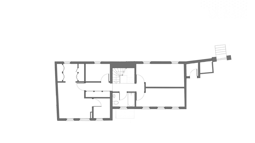 Existing first floor plan for a Grade II-listed building on North Cray Road, DA14. This architectural drawing outlines the current layout of the first floor, highlighting the traditional room arrangements and the constraints typical of historical properties. Key features include separate rooms with conventional access, showcasing the original design elements that must be preserved during the renovation. This plan is crucial for understanding the starting point for proposed changes, ensuring any extensions or modifications are sympathetic to the heritage and architectural significance of the building.