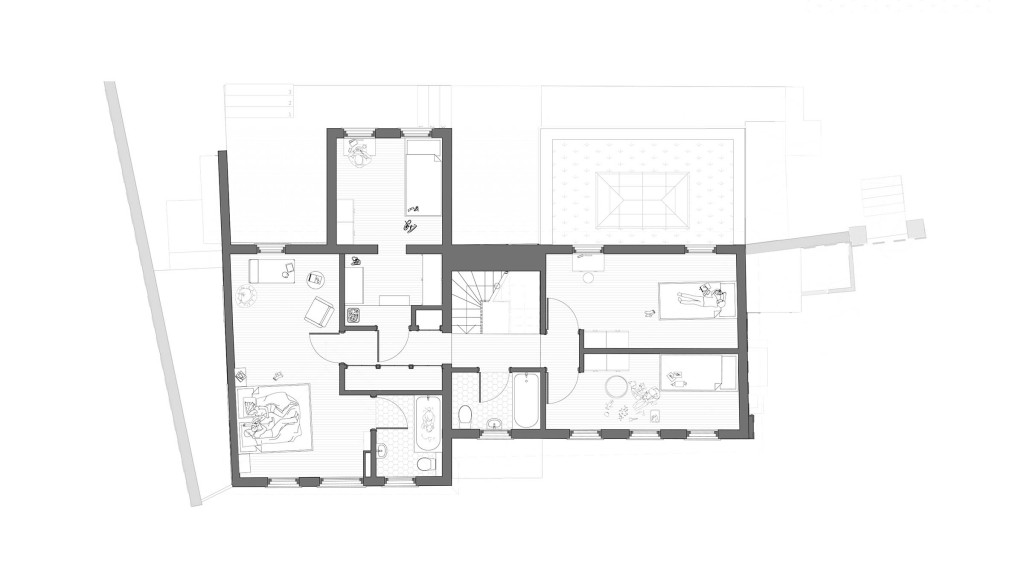 Proposed first floor plan for a Grade II-listed building on North Cray Road, DA14. This detailed architectural drawing showcases the planned layout for the first floor, incorporating a two-storey extension. Key features include an expanded master bedroom, additional bedrooms, and a modern bathroom, all designed to blend seamlessly with the historical character of the house. The plan illustrates the integration of new spaces with the existing structure, emphasising the use of traditional materials to maintain the building's heritage integrity. This layout aims to enhance family living while respecting Green Belt and conservation area regulations.