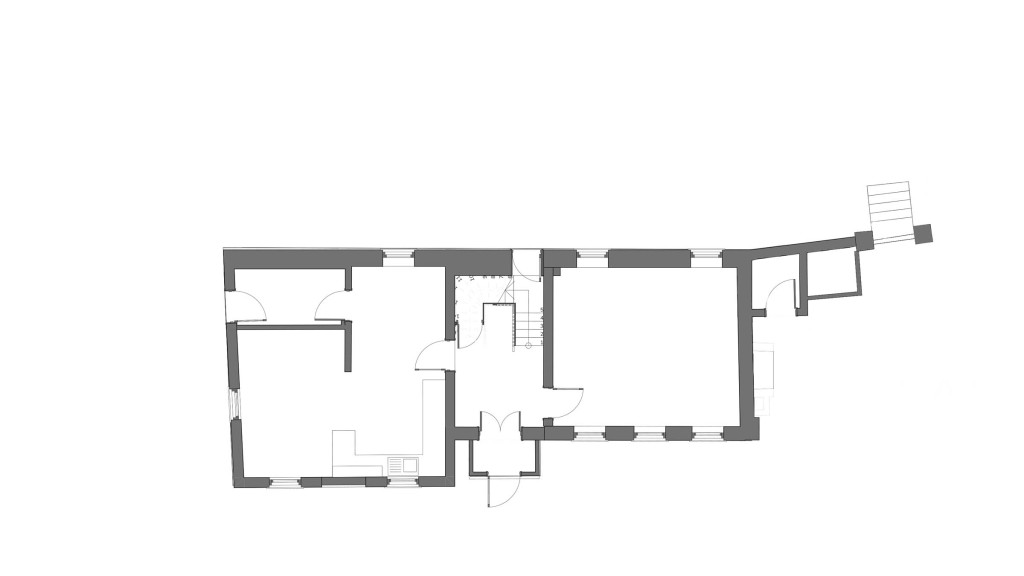 Existing ground floor plan of a Grade II-listed building on North Cray Road, DA14. This architectural drawing showcases the current layout, highlighting the historical structure's configuration before the proposed two-storey extension. The plan illustrates the spatial arrangement and walls, crucial for understanding the building's original footprint within the Green Belt and conservation area. This project by Urbanist Architecture aims to enhance the living space while preserving the integrity of this protected heritage property.