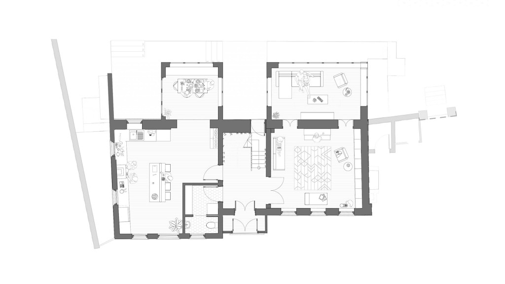 Proposed ground floor plan for a Grade II-listed building on North Cray Road, DA14. This architectural drawing illustrates the enhanced layout, featuring a new two-storey extension designed to blend seamlessly with the existing structure. The plan showcases an open-plan kitchen, dining area, and a spacious family room, emphasising improved living spaces while maintaining the historical integrity. Key elements include traditional materials and modern design solutions to respect the Green Belt, conservation area, and listed status of the property.