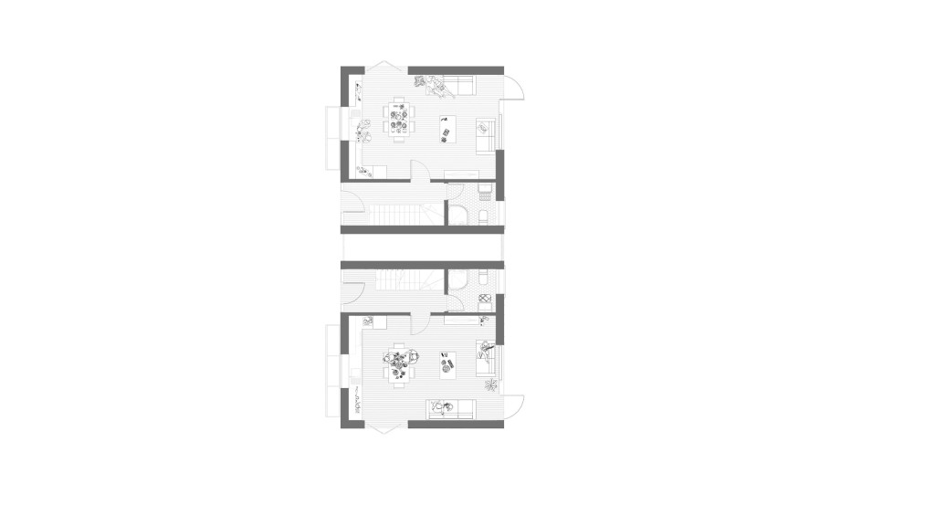Proposed ground floor plan for a new build house project on White Lion Road HP7. The layout includes living rooms, kitchens, dining areas, and bathrooms for two contemporary semi-detached homes designed by Urbanist Architecture.