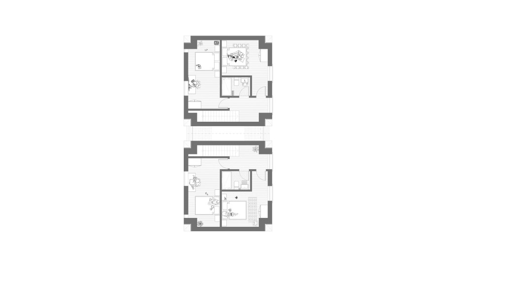 Proposed first floor plan for a new build project on White Lion Road HP7. This floor plan includes bedrooms, bathrooms, and living areas for two contemporary semi-detached homes designed by Urbanist Architecture.