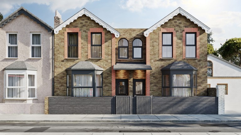 Photorealistic architectural rendering of the mirrored pair of semi-detached houses from street view with materials and colours clearly demonstrated with the wooden front fence and gate, differing brick colour around the window frames and white roof trimming details