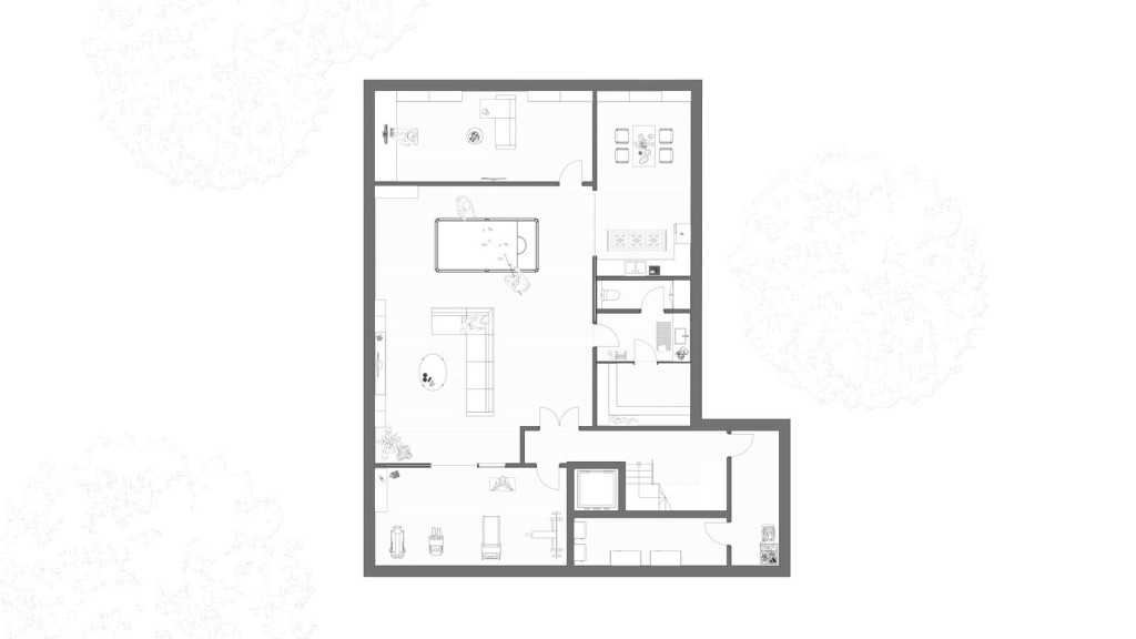Architectural floor plan of a proposed basement for a new build large family house with a gym, featuring a clear and detailed layout with labeled rooms including a spacious home gym area, storage spaces, and utility rooms, all designed with precision and presented in a crisp monochrome blueprint style.