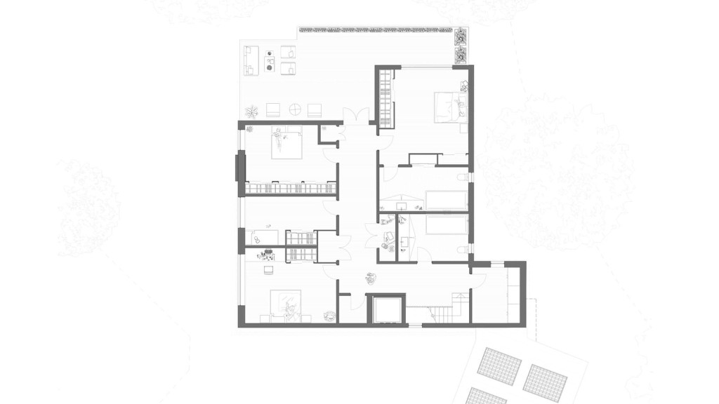 Architectural blueprint of a proposed second-floor plan for a new build large family house, featuring a spacious layout with bedrooms, bathrooms, and leisure areas, detailed with furniture and fittings, and integrated solar panels on the roof, presented in a clear, high-resolution monochrome design for planning and development purposes.