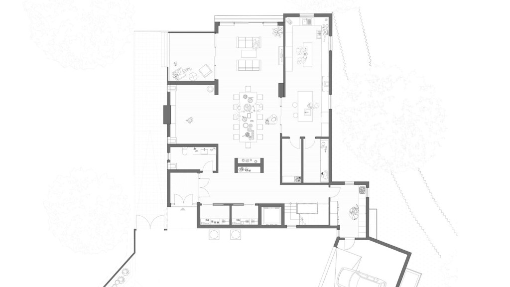 Architectural plan of a proposed ground floor for a large family house, featuring an extensive layout with multiple rooms including a living area, kitchen, and a dining space, all meticulously labeled and designed with detailed furniture arrangements and space planning, presented in a high-contrast monochrome blueprint.
