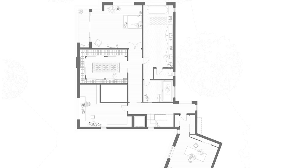 Detailed architectural drawing of a proposed first-floor plan for a new build large family house, showcasing a master bedroom, en-suite bathroom, multiple guest rooms, and a spacious living area, all meticulously designed with modern furniture layouts and labeled for clarity, presented in a clean monochrome aesthetic.