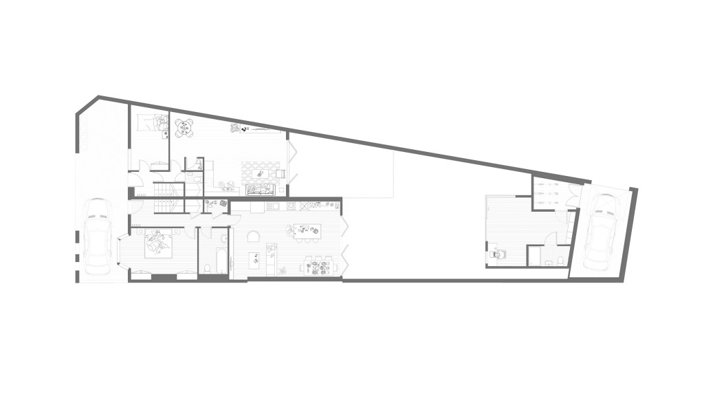 Proposed ground floor plan for a new build end-of-terrace house on Rogers Road, SW17. The layout features a modern, open-concept design optimised for suburban living in Wandsworth Borough. Key elements include a spacious kitchen with an island, a large living and dining area, a bedroom with en-suite, and a study room. The design efficiently utilises the elongated plot, providing ample living space while maintaining a seamless flow between rooms. Ideal for those seeking contemporary suburban housing solutions, this plan exemplifies innovative architectural design and strategic space planning.