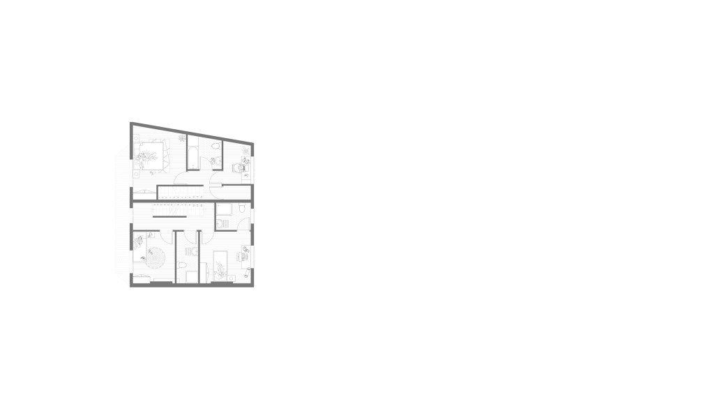 Proposed first floor plan for a new build end-of-terrace house on Rogers Road, SW17, showcasing a suburban architectural design. The layout includes multiple bedrooms, each with ample space and natural light, and well-placed bathrooms for convenience. The master bedroom features an en-suite, enhancing privacy and comfort. This plan efficiently maximises the available space while ensuring a harmonious flow between rooms, ideal for modern family living in Wandsworth Borough. This floor plan is a prime example of innovative design and space optimisation, catering to contemporary suburban housing needs.