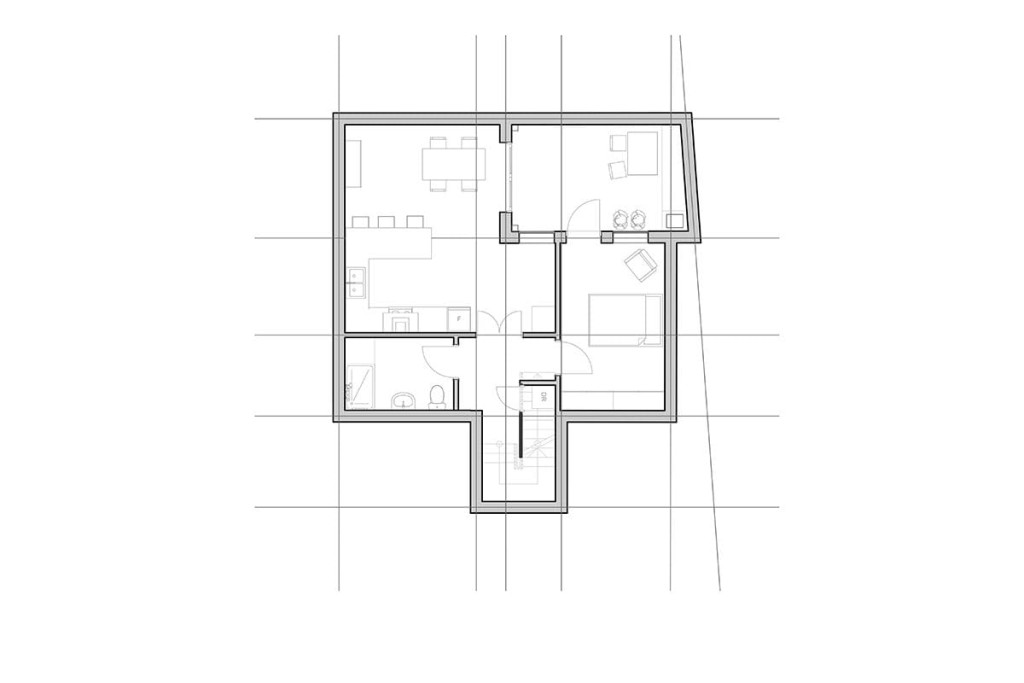 London RIBA chartered architect's floor plan propsal for the basement floor to include a large and open plan kitchen and dining room, separate spare living room and master bedroom with wardrobe storage and a bathroom